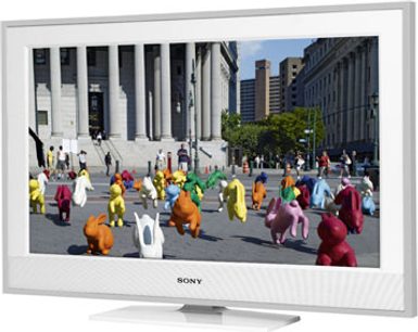 Sony KDL-32E4020 højdefinitions-tv, der viser en farverig flok af 3D-figurer foran moderne bygninger