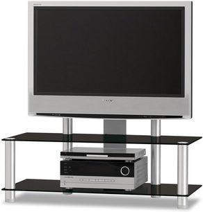 Sort glasmøbel og aluminiumsreol til fladskærms-TV med hylder til audio/video-udstyr