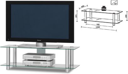 Tv-møbel i glas og metal med 2 hylder, til fladskærm op til 50 tommer, 1200 x 350 x 410 mm, Just By Spectral TV1202-AL