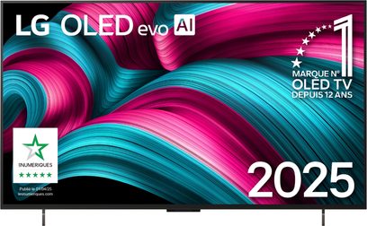 Τηλεόραση υψηλής ευκρίνειας LG OLED42C5 2025 μαύρη με λεπτό μεταλλικό πλαίσιο, επίπεδη οθόνη OLED 42 ιντσών, μπροστινή όψη με δύο πόδια σε απόσταση