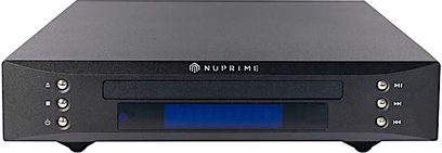 Nuprime CDT-9 sort CD-afspiller, frontvisning, mat sort front, blå display, sølvfarvede kontrolknapper