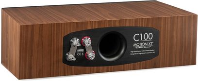 Senterhøyttaler Motion XT C100 valnøtt med trefinish, bakside som viser tilkoblingsterminaler og svart, sirkulær port
