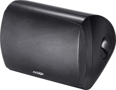 Udendørshøjttaler Paradigm Stylus 370-SM sort, perspektivvisning, buet metalgitter, sort kabinet, synligt logo nederst