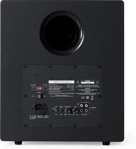 Svart Elipson Classic Sub 12 subwoofer, sett bakfra med rund bassrefleksport, kontakter og justeringsknapper