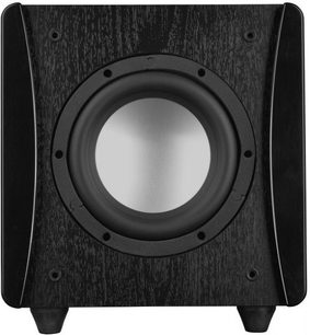 Velodyne Impact Mini sort subwoofer i sort, set forfra, cylindrisk form, sølvfarvet centralhøjttaler i mat sort kabinet