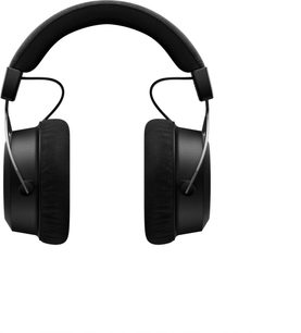 Bezdrátové sluchátka Beyerdynamic Amiron wireless, pohled zepředu, černý polstrovaný náhlavní oblouk, kulaté černé náušníky, kovové kabely