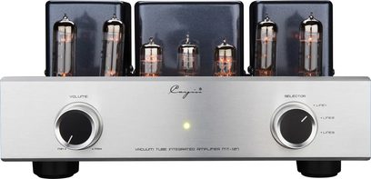 Frontvisning av en Cayin MT-12N integrert stereorørforsterker, sølvfarget frontpanel i børstet aluminium med to svarte metallinnrammede knotter, sentralt grønt LED-indikatorlys og seks glødende glassrør på rekke foran tre sorte metalliske transformatordeksler