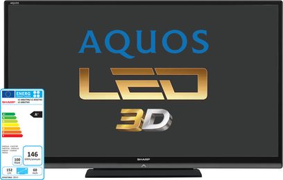Sharp LC-60LE740E 3D LED-tv, sort skærm med blåt og gylden "AQUOS LED 3D"-logo, energimærke A+, 146 W