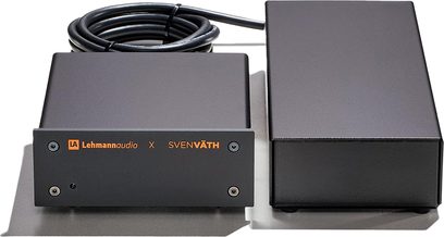 Lehmann Audio Black Cube SE II SV edition phono forforstærker, to sorte kabinetter, kabel, grå overflade