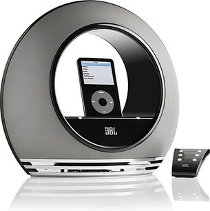 JBL Radial sort dockingstation med LCD-skærm, der viser oplysninger, kontrolknap og iPod-port