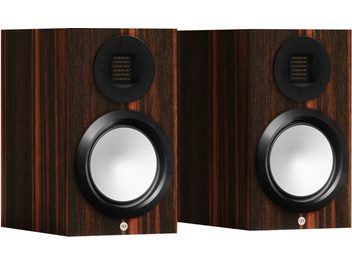 Преден изглед на библиотечен високоговорител Monitor Audio Gold 50 6G в макасар, с 2 кръгли високоговорителя, тъмно дървено покритие