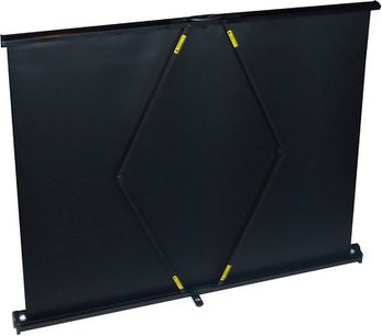 Lumene TableShow 65V bærbart projektionslærred 65 x 49 sort, foldet, set forfra, 4 gule striber på kanterne