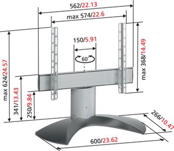 Drejelig vægbeslag til TV fra Vogel's EFTE 2240 RC med dimensioner i millimeter på teknisk sidetegning
