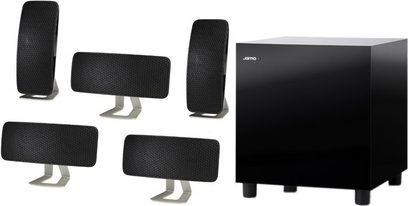 Jamo A 200 HCS 5 hjemmebiografsæt med subwoofer og 4 satellithøjttalere, sort, på hvid baggrund
