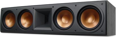 Klipsch RC 64 sort midterhøjttaler med 4 synlige højttalere i et rektangulært trækabinet, set forfra