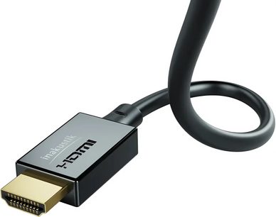 HDMI-kabel Inakustik Star II 48G 1m, forgyldt stik, sort kappe, perspektivvisning, kabel formet i en løkke
