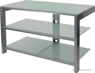Gennemsigtig TV-møbel i hærdet glas med 3 ovenpåliggende rektangulære hylder, grå metalramme, 2 sidefødder