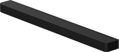 Juoda „Sony Bravia Theatre Bar 8“ garso juosta, matoma iš perspektyvos, pailgos stačiakampės formos, suapvalintais kampais.