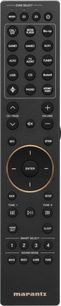 Black Marantz AV 10 remote control with buttons and knobs for controlling a home theater preamp, front view