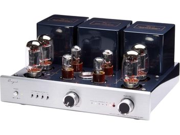 Cayin CS-88A KT88 ezüst színű, fémházas, csővel működő sztereó integrált erősítő, sötétkék alapon hat lámpával és három transzformátor fedővel, ecsetelt homloklappal, két nagy gombbal és négy kapcsolóval, bal oldali háromnegyedes nézetből.