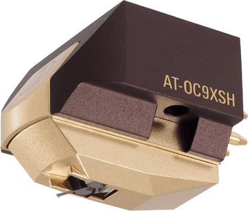 Gylden og brun Audio Technica AT-OC9XSH vinylpickup-enhed, set ovenfra i nærbillede, med diamant og pickupholder