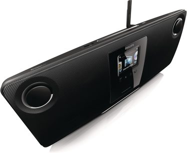 Philips MCI298 sort hi-fi minianlæg, set forfra, med højttalere, LCD-skærm, CD-afspiller og USB/SD-porte