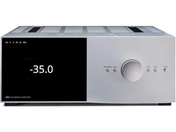 Silberner Anthem STR integrierter Stereo-Hi-Fi-Verstärker, silberne Frontblende, LED-Anzeige -35.0, Tasten und Einstellrad
