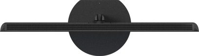 Matte black Panasonic TV-55Z90B television made of plastic, top view centered on the long horizontal rear ventilation grille mounted on a circular stand