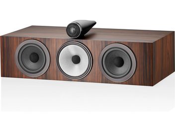 Diffusore centrale Bowers & Wilkins HTM71 S3 color moka, 3 altoparlanti rotondi sulla facciata in legno scuro, tweeter nero sulla parte superiore
