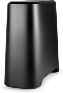 Polk Audio MagniFi Mini AX sort soundbar, set forfra i perspektiv, buet form, glat og blank overflade