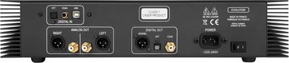 Vedere din spate a CD player-ului Atoll Electronique CD400 Evolution, negru, din metal, echipat cu aripioare laterale pentru disiparea căldurii, conectori digitali optic, coaxial și USB, ieșiri analogice XLR și RCA, ieșire digitală AES/EBU, conector de alimentare IEC și întrerupător.