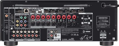 Onkyo TX-NR686 schwarzer Heimkino-Verstärker, Rückseite, Audio-/Video-Anschlüsse, Lautsprecheranschlüsse, FM-Antenne, Ethernet-Anschluss