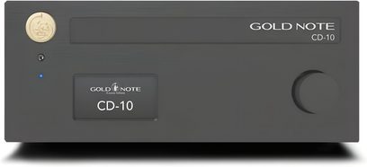 Odtwarzacz CD hi-fi Gold Note CD-10 czarny, widok z przodu, okrągły przycisk po prawej, centralny ekran, logo w lewym górnym rogu
