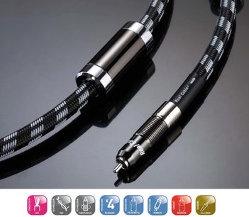 Dos cables de audio negros con conectores RCA metálicos, uno recto y el otro en espiral, sobre un fondo gris
