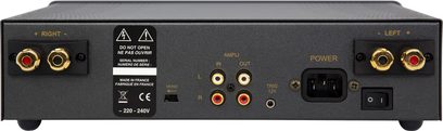 Bakside av Atoll Electronique MA100 svart high-fidelity kraftforsterker, med RCA-kontakter, høyttalerterminaler og bryter