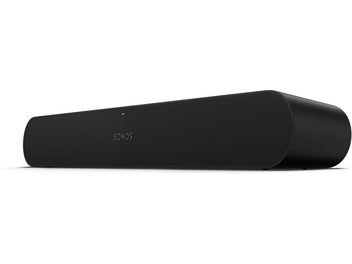 Soundbar Sonos Ray nera, vista frontale, forma rettangolare allungata, griglia nera su tutta la superficie anteriore