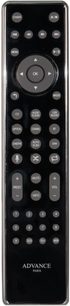 Telecomando nero Advance Paris con pulsanti rotondi grigi e schermo LCD al centro, vista frontale
