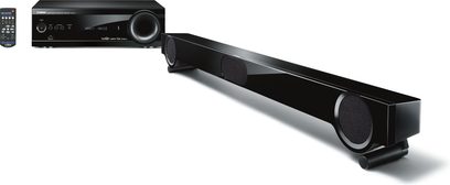 Yamaha YHT-S401 sort soundbar, set forfra og fra siden, med infrarød fjernbetjening