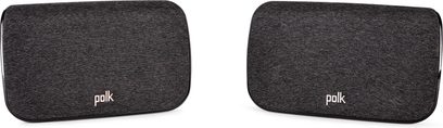 Due casse acustiche Polk SR2 nere rettangolari in tessuto, viste frontalmente, posizionate in piano, con il logo bianco "polk" al centro