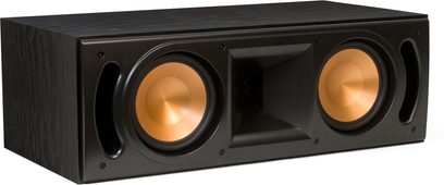 Sort Klipsch RC-62 MkII center højttaler, set forfra, med to basenheder og en diskant-dome imellem dem