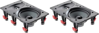 Coppia di altoparlanti da incasso a muro Focal 100 IW6, quadrati, cornice grigio scuro, altoparlante centrale nero, 4 tweeter rossi