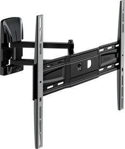 Soporte de TV mural articulado negro de doble brazo, de metal, con sistema de fijación a la pared y placa de fijación para TV