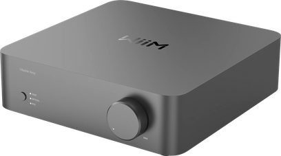 Stereo hi-fi integreret forstærker WiiM Vibelink Space grey med rektangulært kabinet, cirkulær knap og indgraveret tekst.