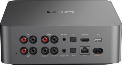 Netzwerk-Audio-Player WiiM Ultra, Rückansicht, RCA-Anschlüsse, HDMI ARC, USB, LAN, Stromversorgung, graues Gehäuse, glatte Oberfläche