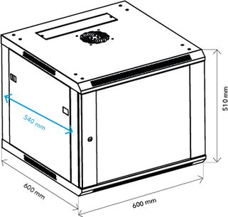 Audiovizuálny rack Norstone Pro Wall Rack 9U v perspektívnom pohľade s rozmermi 600x600x510 mm, viditeľný horný ventilátor