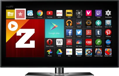 Fladskærm der viser brugergrænsefladen for Zappiti Player 4K netværksafspilleren med mange applikationsikoner