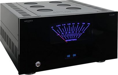 Advance Paris X-A1200 sort effektforstærker, frontpanel med blå VU-meter display, knapper og stik