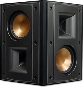 Klipsch RS-42 sort bagkabinetshøjttaler set forfra, gyldne højttalere, basrefleksporte