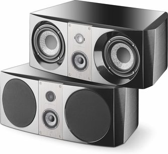 Akustické reproduktory Focal Electra CC 1008 Be2 eben, pohled zepředu a ze 3/4 zezadu, černá skříň, stříbrné reproduktory