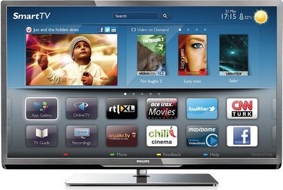 Philips 46PFL5007H fladskærms-TV med SmartTV-brugergrænseflade, der viser forskellige apps og videoer